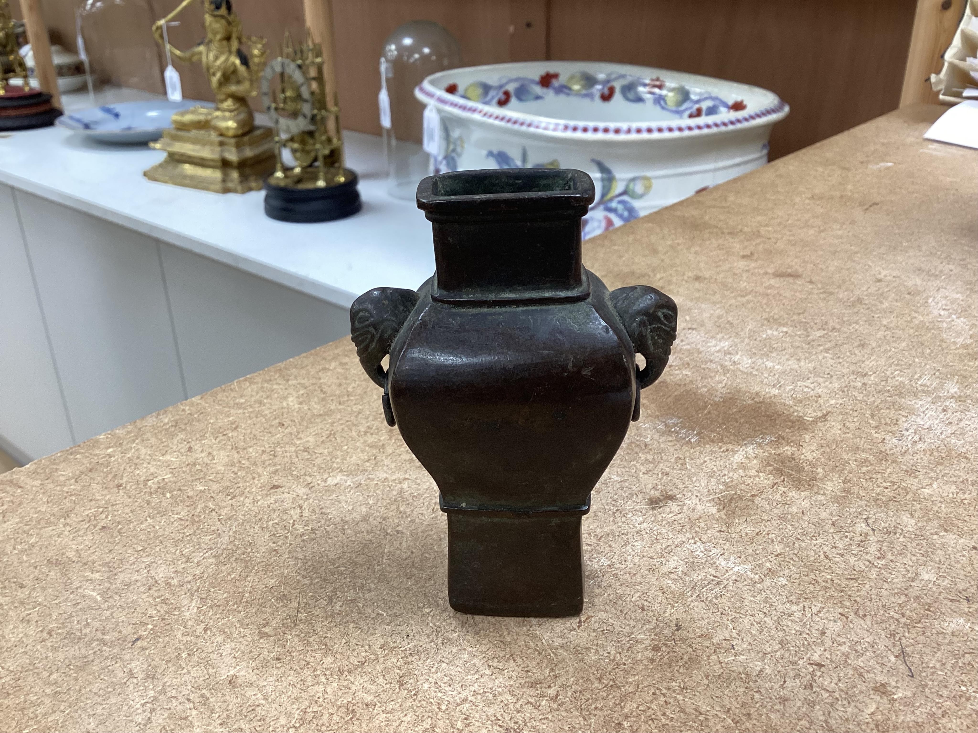 A Chinese bronze small vase, 19th century, rose quartz-14cm and Kyanite specimens, a soapstone seal and a glass snuff bottle